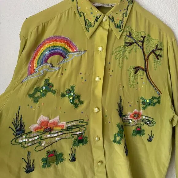 Vintage Green Silk Sequin Embroidered Rainbow Frog Button Up Top - Picture 4 of 8